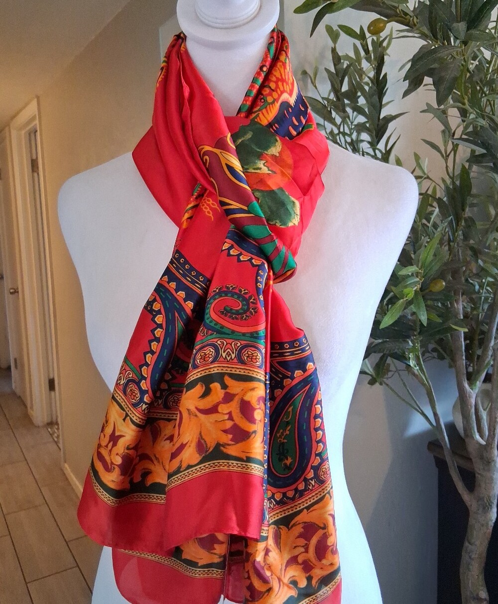 Si Na Yu Scarf 100%Silk Peacock Pailey Satin Red Artsy Indian Hawaiian Elegan - Picture 6 of 14